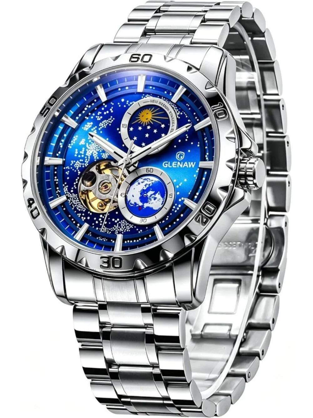 Multifunctional Men's Automatic Watch, Starry Sky Dial, Steel Band, Stopwatch